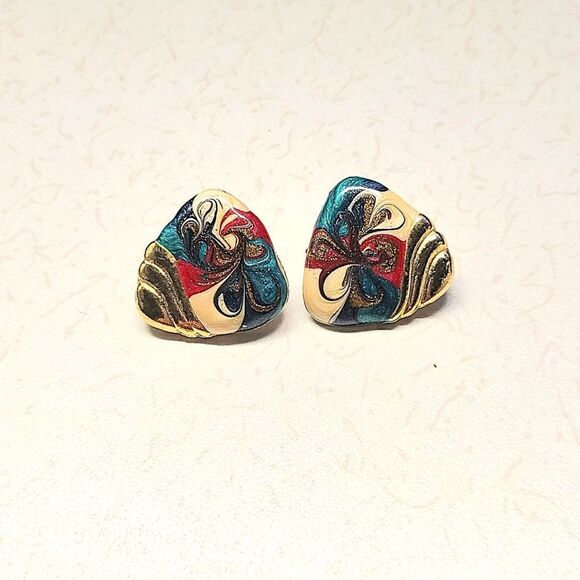Enamel Multicolor Earrings, Vintage 80's - Picture 1 of 4